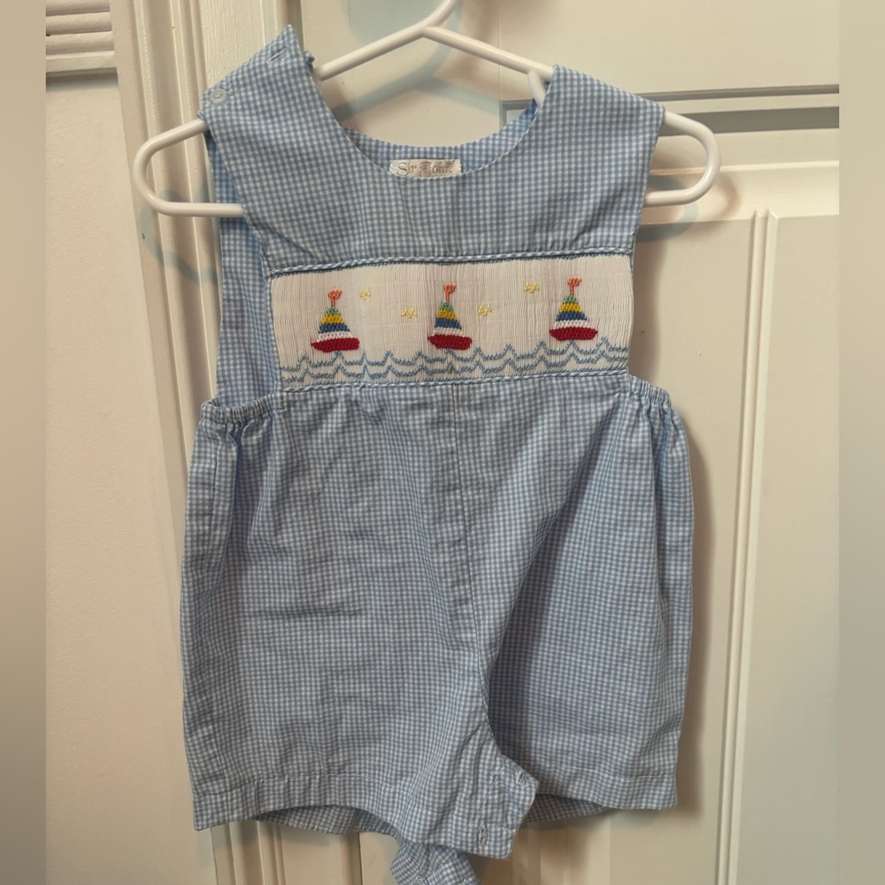 Blue Gingham Baby Romper with Sailboat Embroidery
